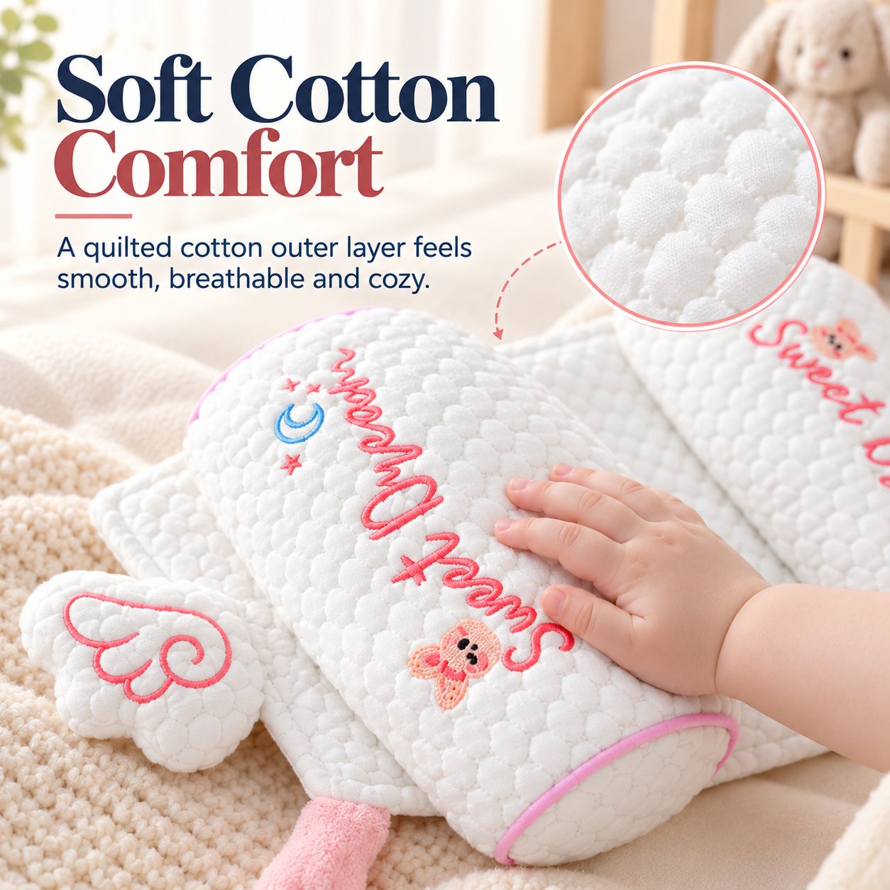 Close-up of the quilted white fabric, pink edging and embroidery