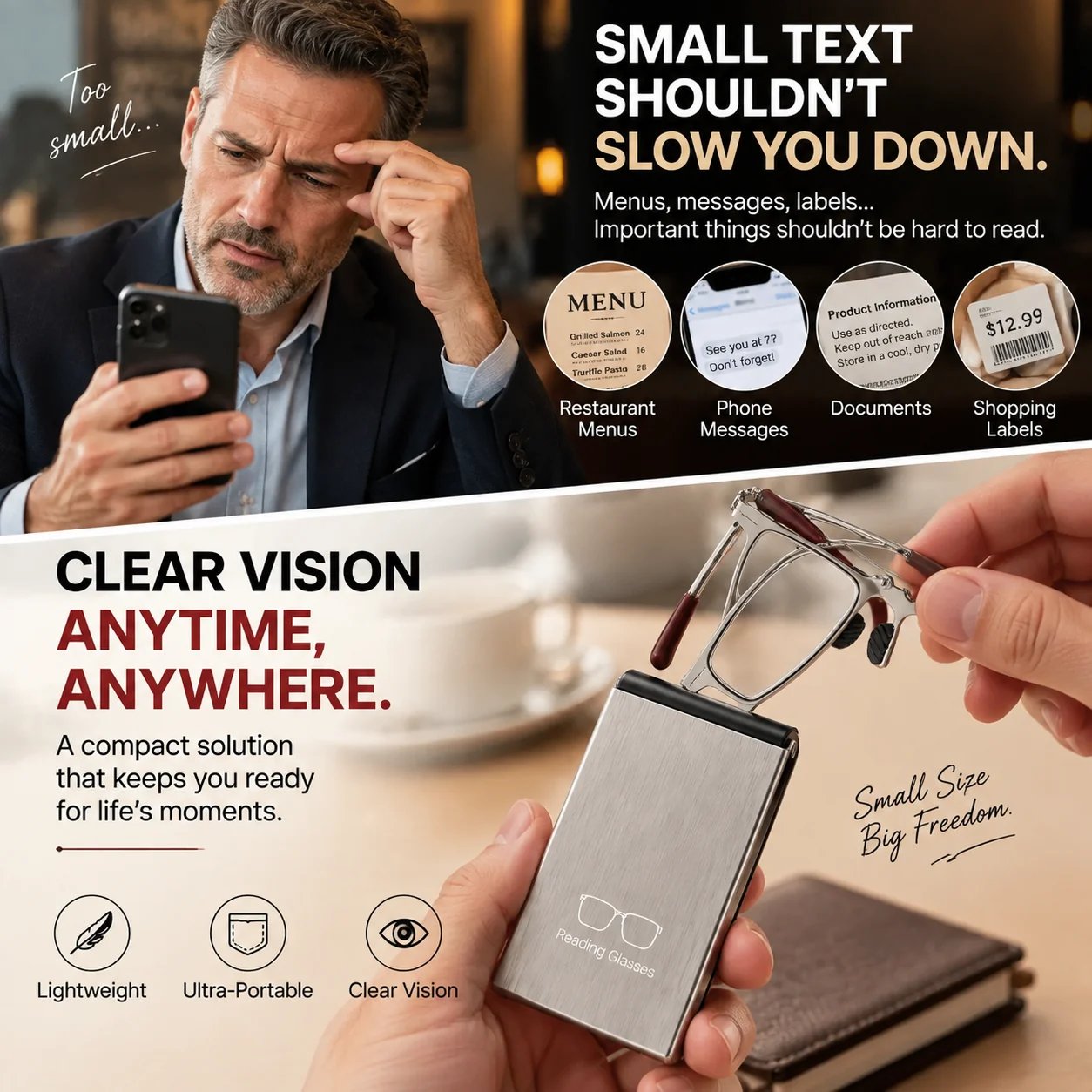 Portable reading glasses for menus phones and small print