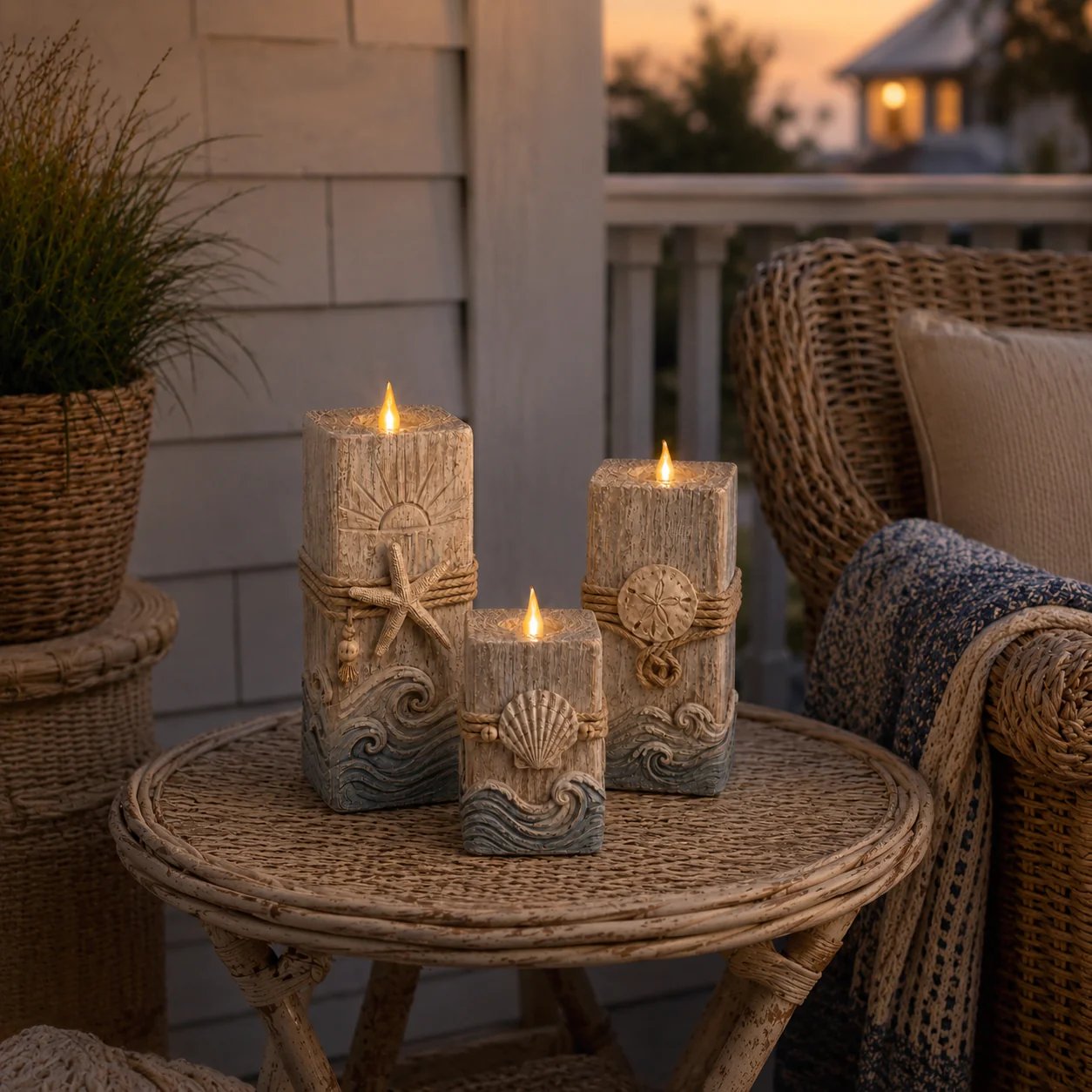 Illuminated wooden coastal candle decor glowing in warm amber at night