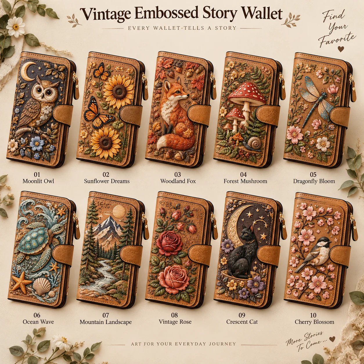 Vintage Embossed Art Wallet โ 10 Story-Inspired Designs