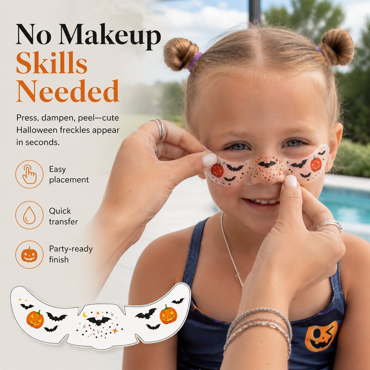 Easy application of Halloween face tattoo across a child Easy application of Halloween face tattoo across a child