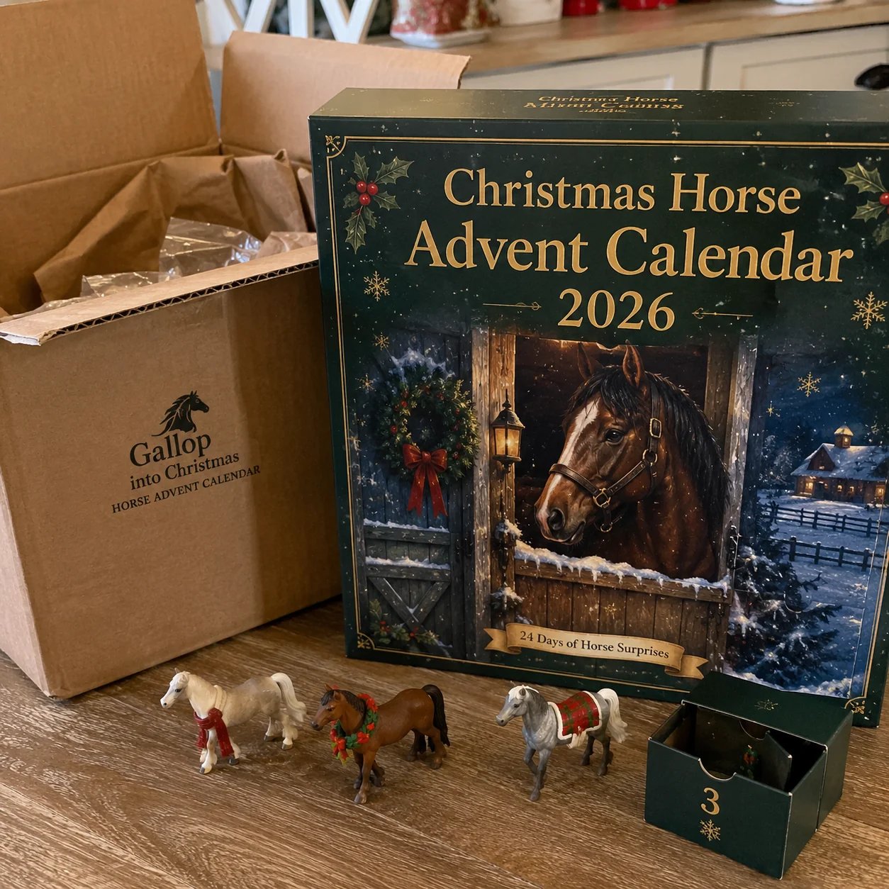 Customer unboxing the Christmas Horse Advent Calendar and figures