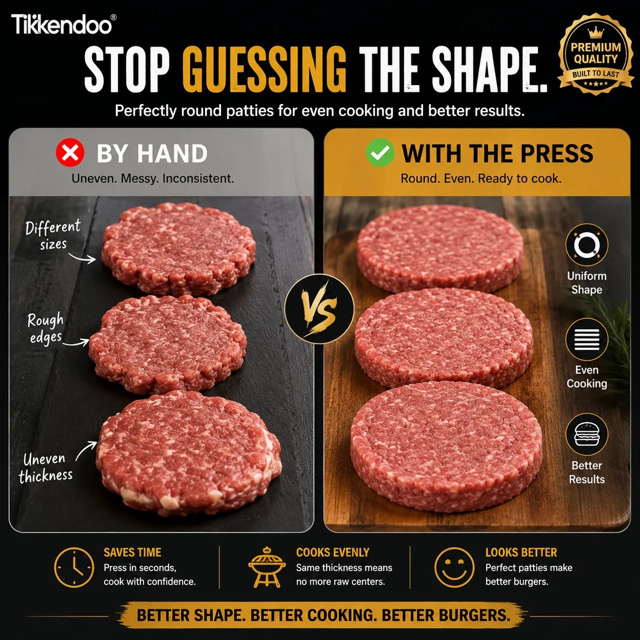Uneven hand-shaped patties compared with uniform pressed patties