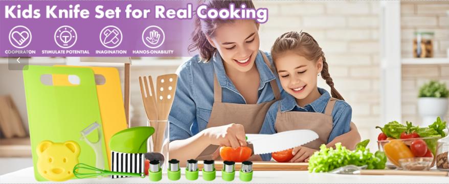 BOBOME 32 Pcs Kitchen Knife Set for Vegetables, Fruits, Cheese, and Other Foods with Safe Grip Handles - Durable PP Material for Kids Utensils Kitchenware
