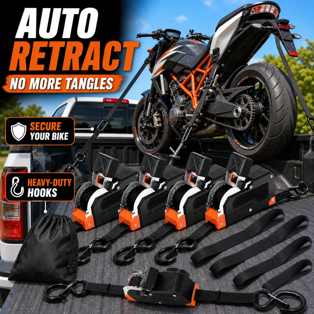 Heavy duty retractable straps securing a motorcycle Heavy duty retractable straps securing a motorcycle