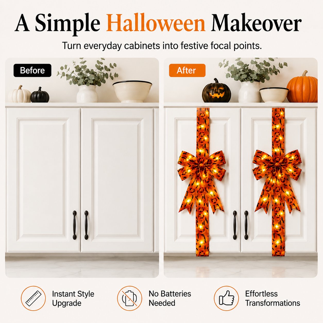 Before and after Halloween cabinet door decoration