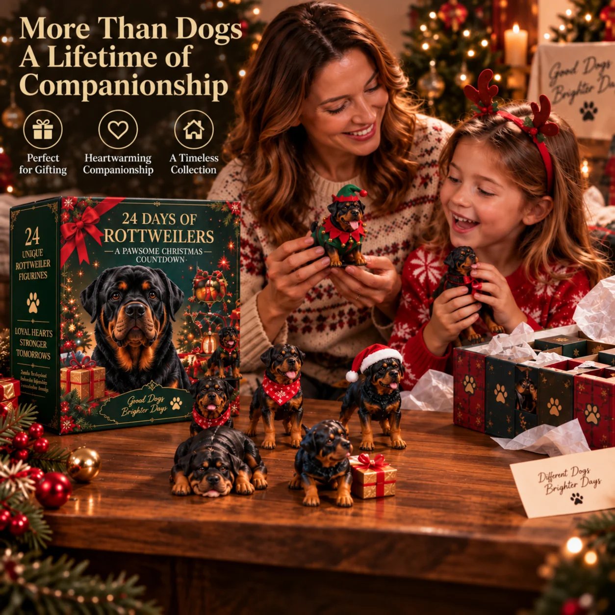 Family enjoying Rottweiler Christmas figurines