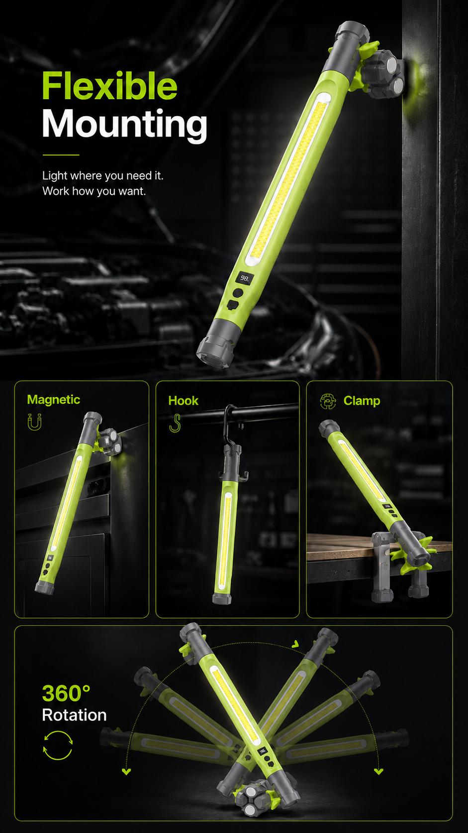 Rechargeable COB Work Light, USB-C Magnetic LED InspectionLight with Hook & Clamp, 360° Rotating Portable GarageMechanic Light for Car Repair, Emergency, Camping, Father'sDay Gifts for Men Dad Rechargeable COB Work Light, USB-C Magnetic LED InspectionLight with Hook & Clamp, 360° Rotating Portable GarageMechanic Light for Car Repair, Emergency, Camping, Father'sDay Gifts for Men Dad
