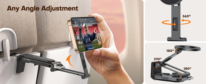 Phone mount clamped to airplane seat