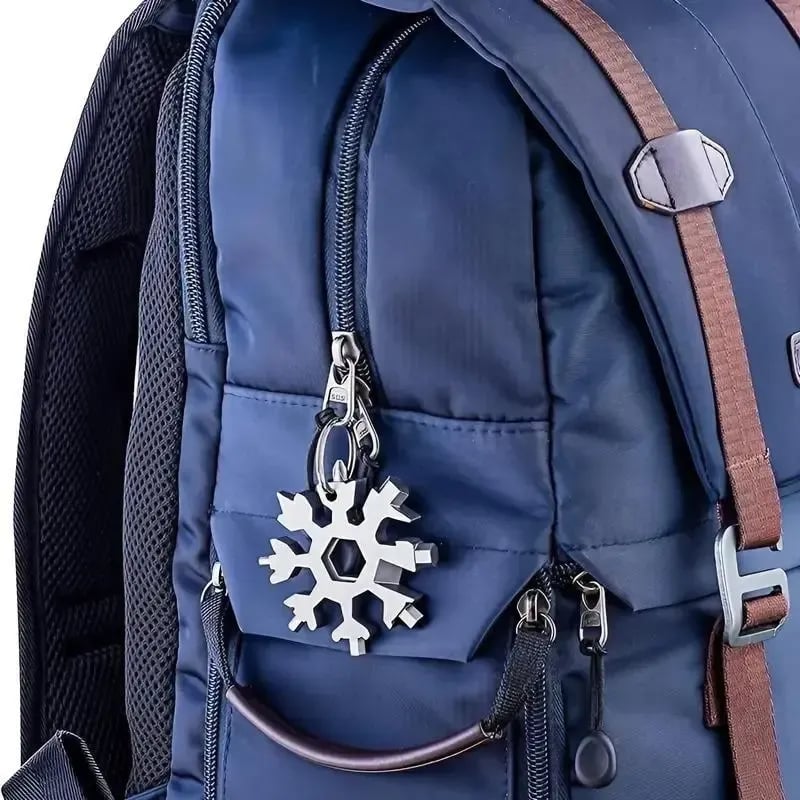 Snowflake tool attached to backpack