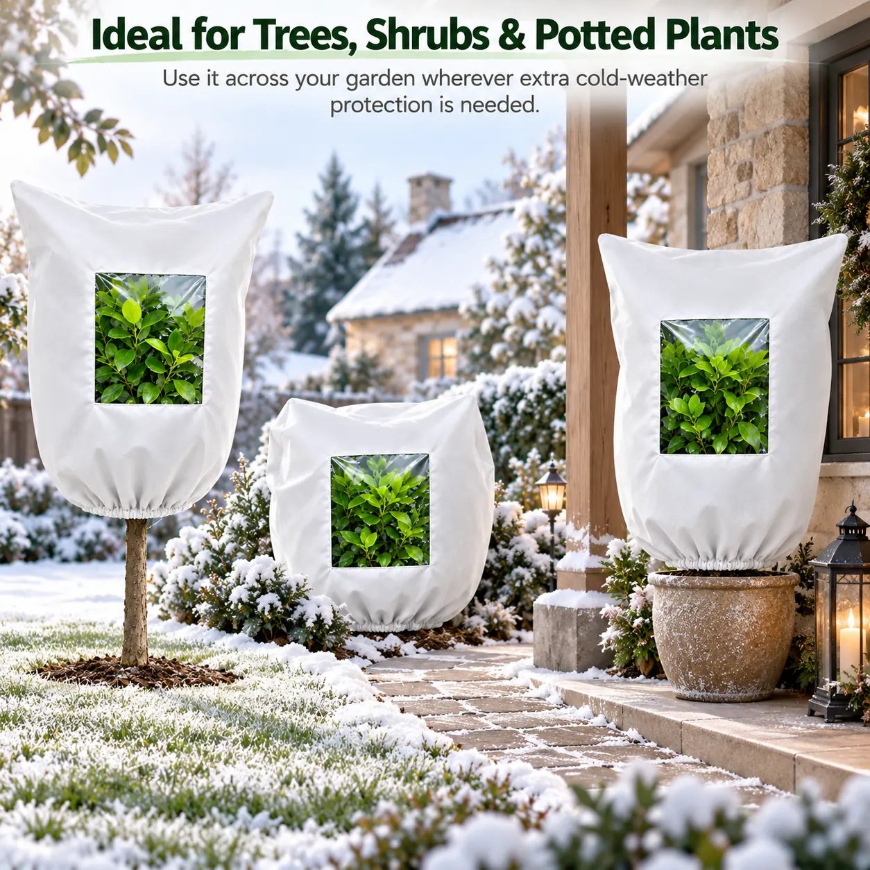 Frost protection covers used on a young tree shrub and potted outdoor plant