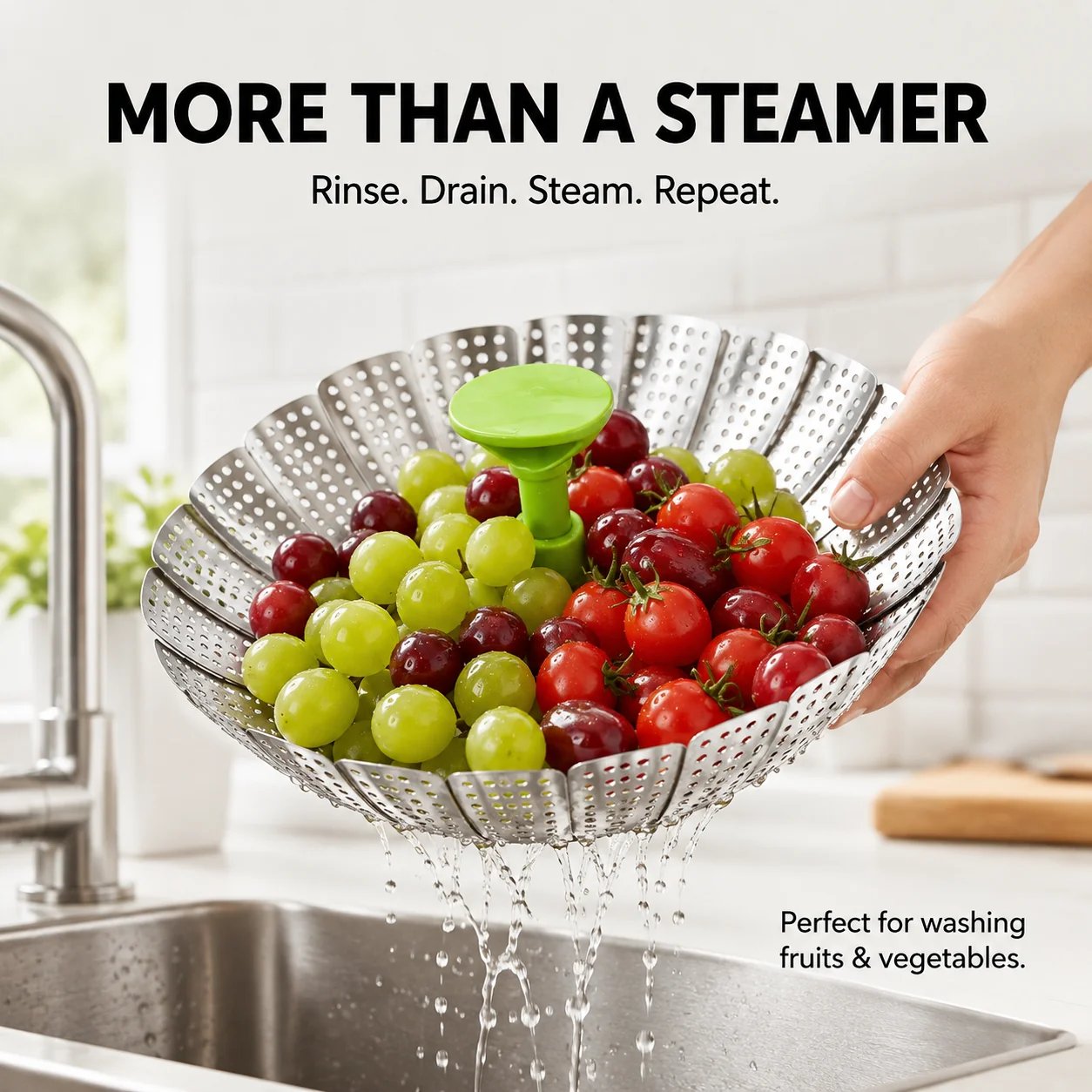 Rinsing produce in steamer basket