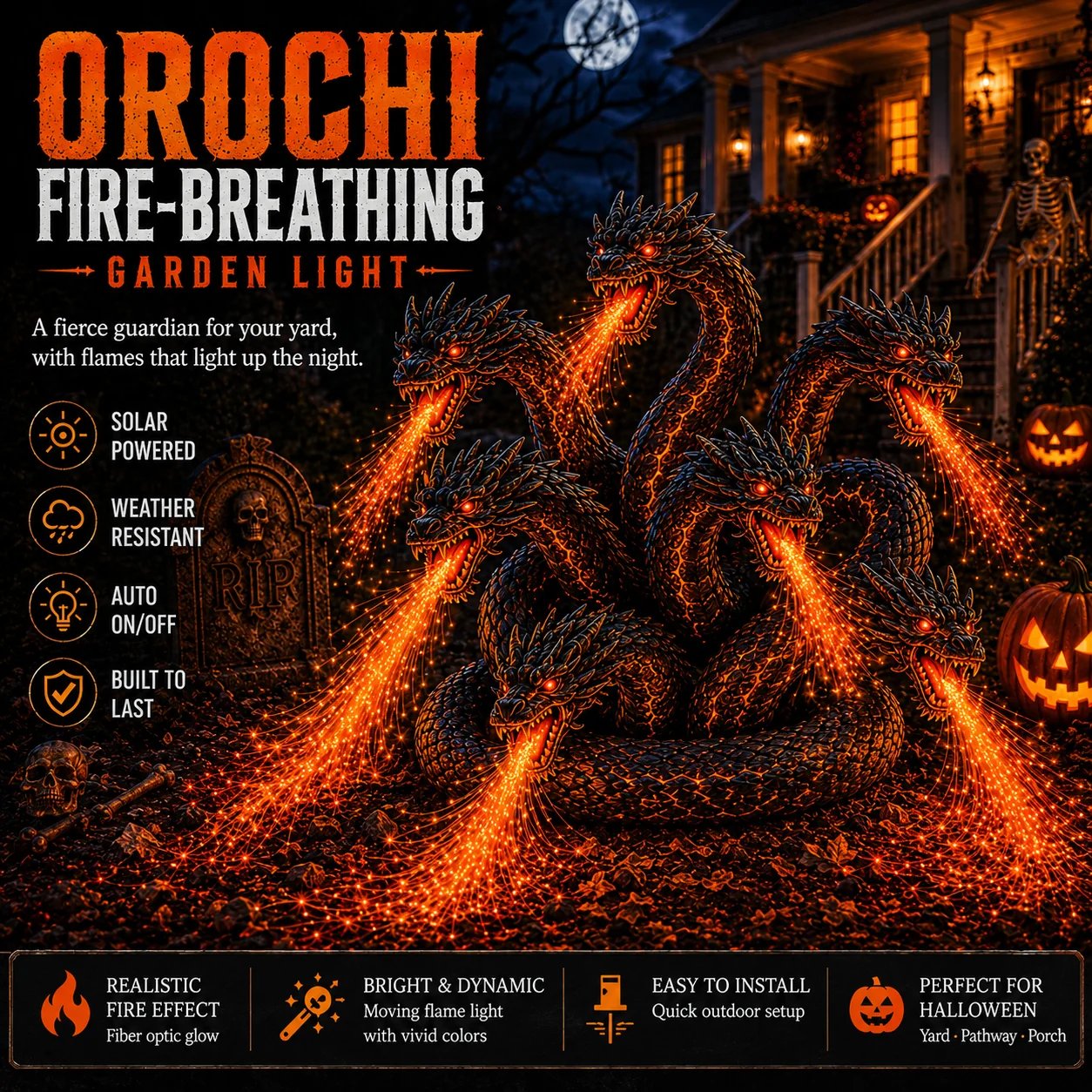 Orochi fire-breathing solar Halloween garden light