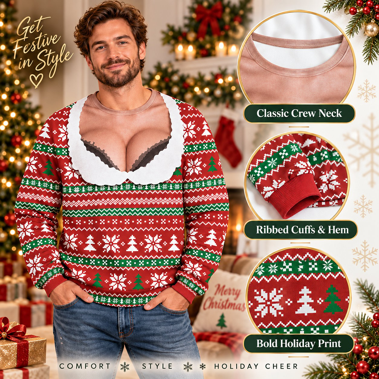 Red green Fair Isle Christmas sweatshirt pattern