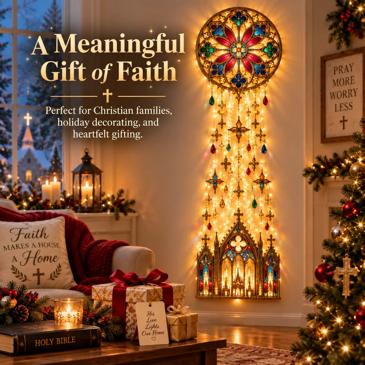Faith-inspired Christmas wall decoration displayed beside wrapped gifts