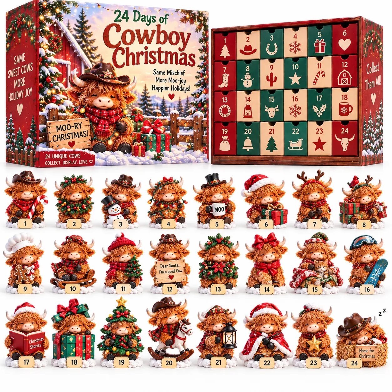 24 unique Highland cow Christmas figures