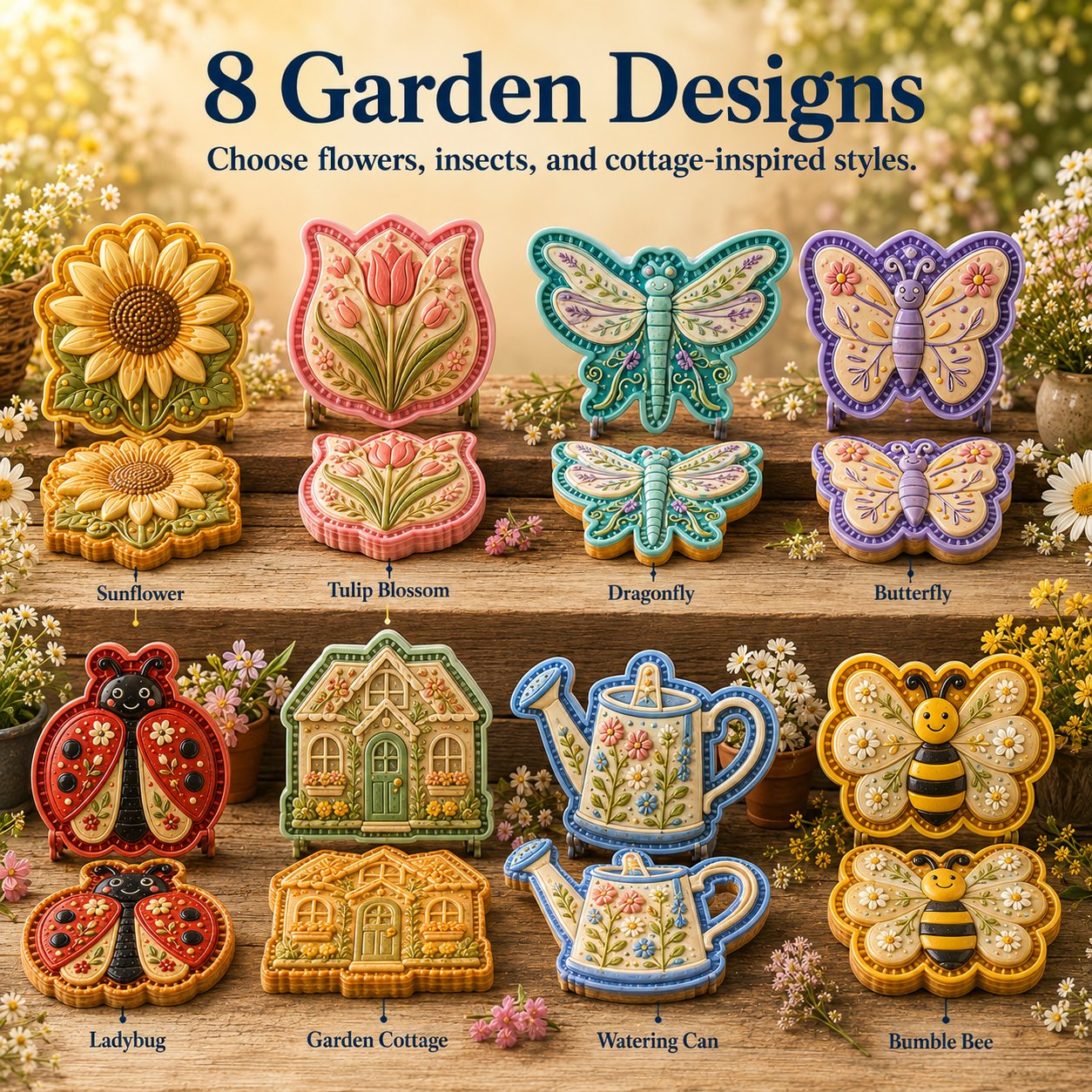 Eight spring garden pie mold designs