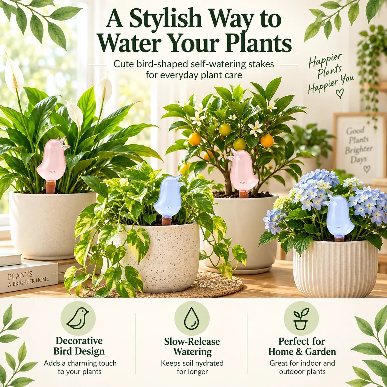 Bird self-watering stakes for indoor and outdoor plants