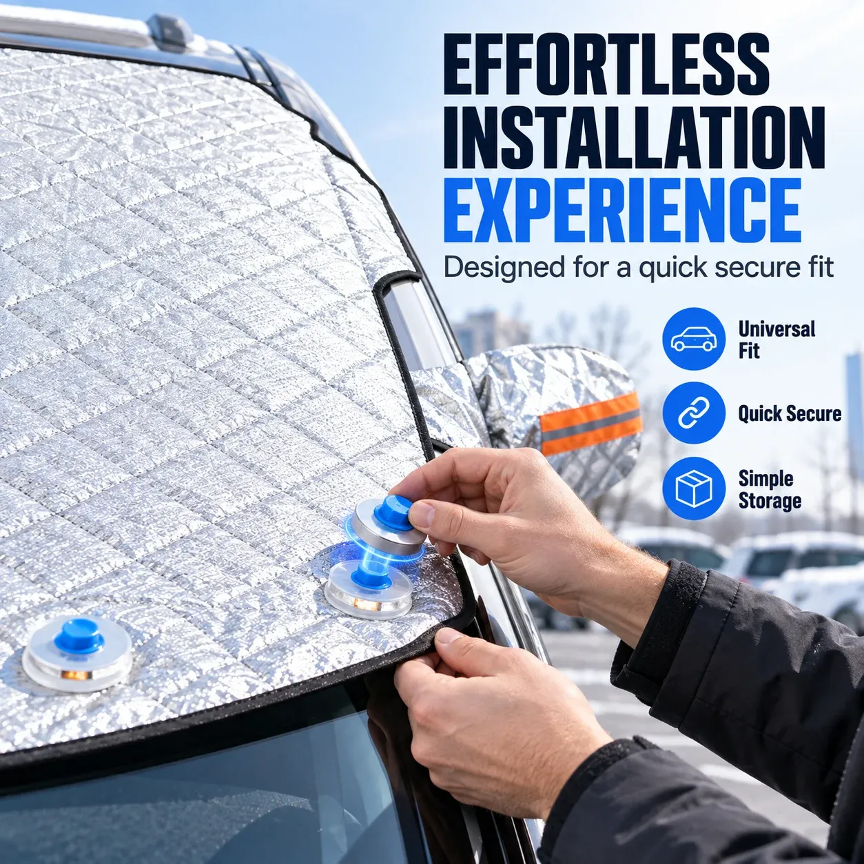Close-up installation illustration showing placement of the exterior cover and side mirror coverage
