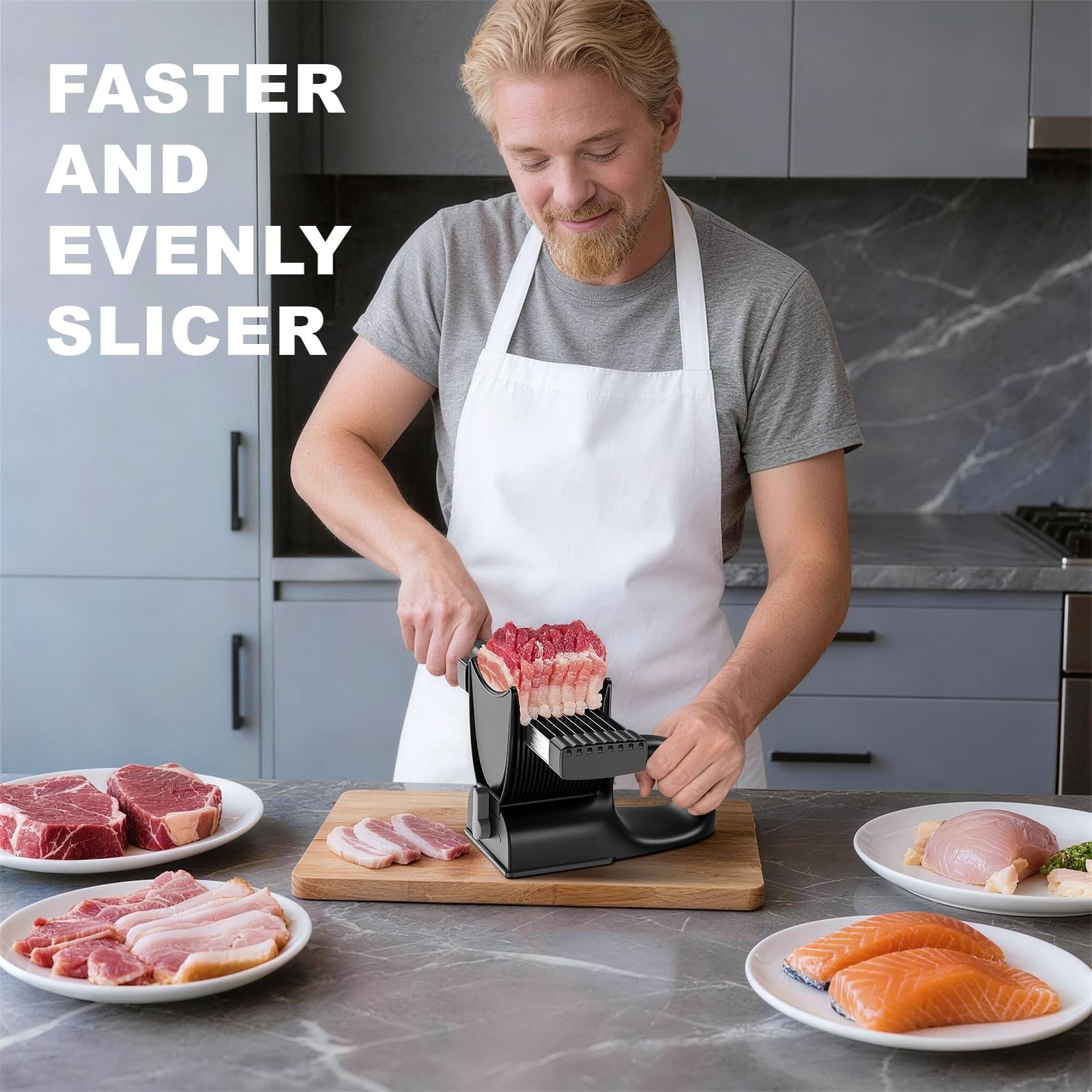 Chef using meat slicer
