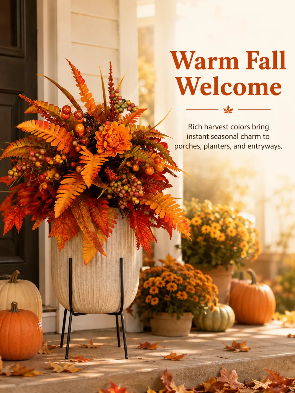 Autumn garden stake arranged near a welcoming outdoor entrance