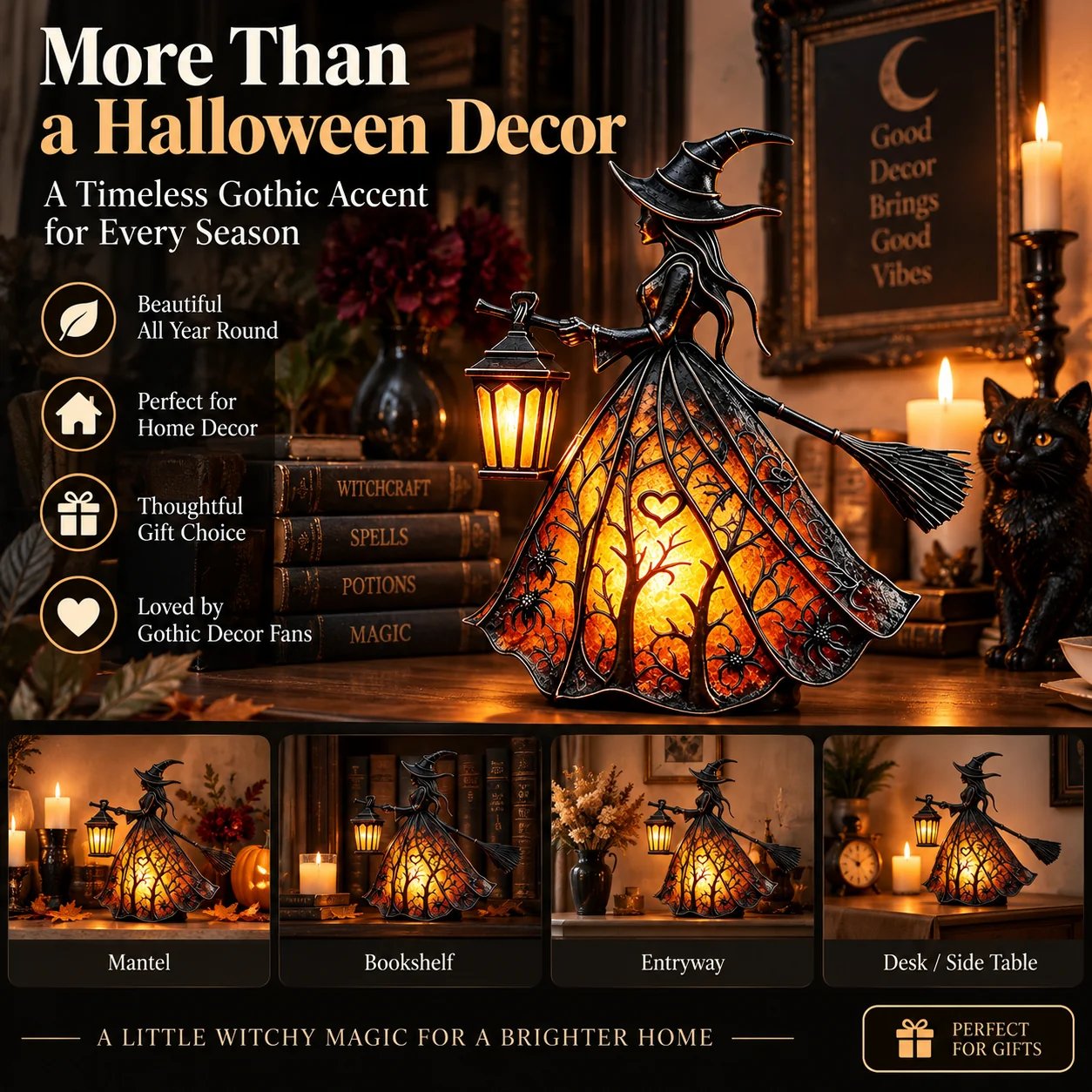 Gothic witch decorative figurine for Halloween and year-round styling