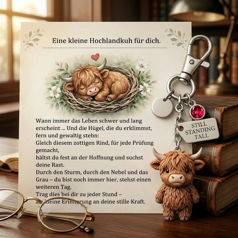 Hier ist ein kleiner, dreidimensionaler Schlüsselanhänger in Form einer schottischen Hochlandkuh für Sie: eine ständige Erinnerung an diese stille Stärke. - A / Januar