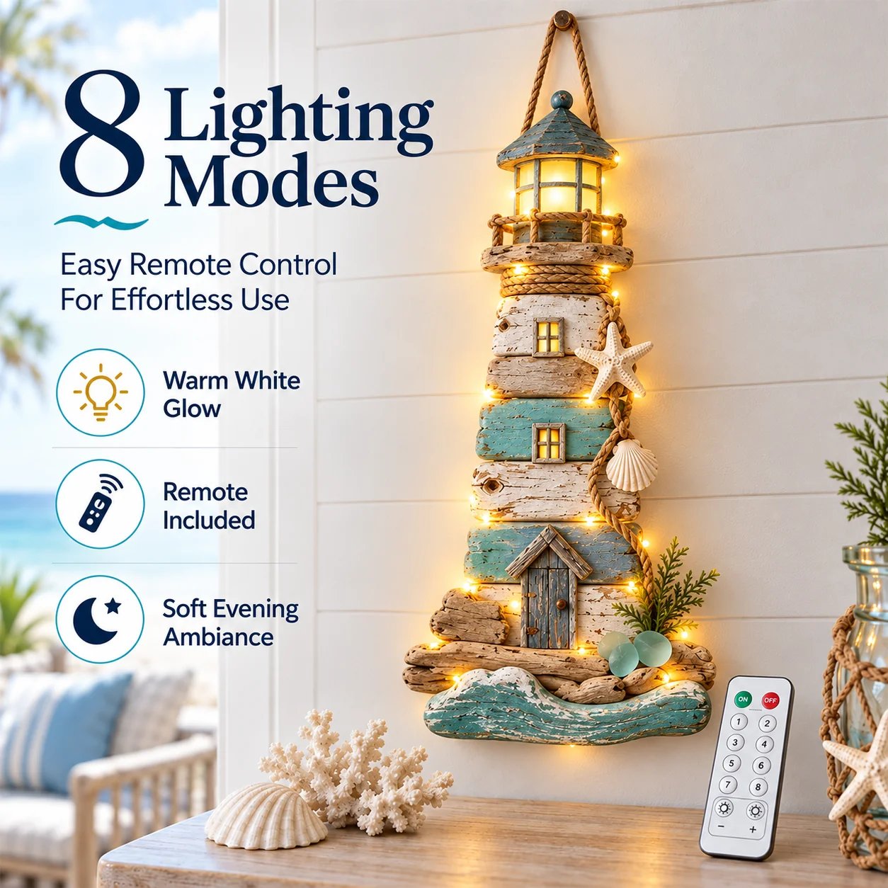 Lighted coastal lighthouse wall decor with warm white lights and remote control