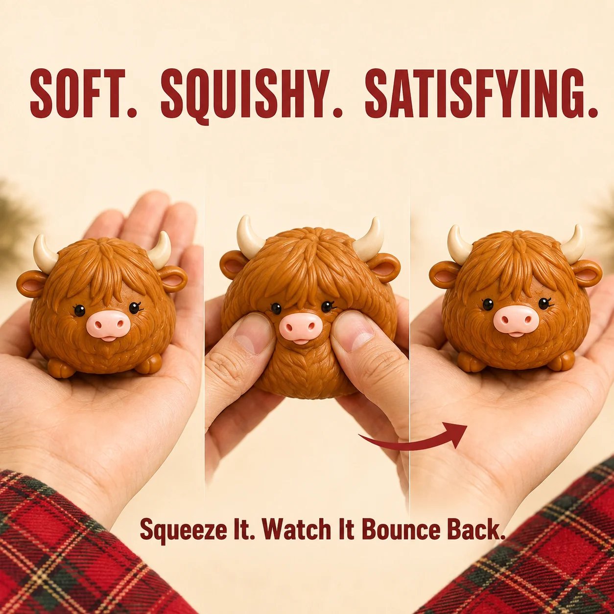 Holiday Highland cow squishy squeeze and rebound demonstration
