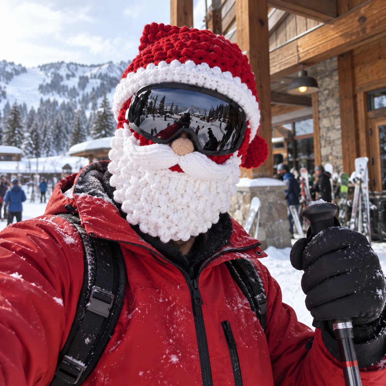 Customer photo of a Santa knit ski mask worn with goggles outside a snowy lodge