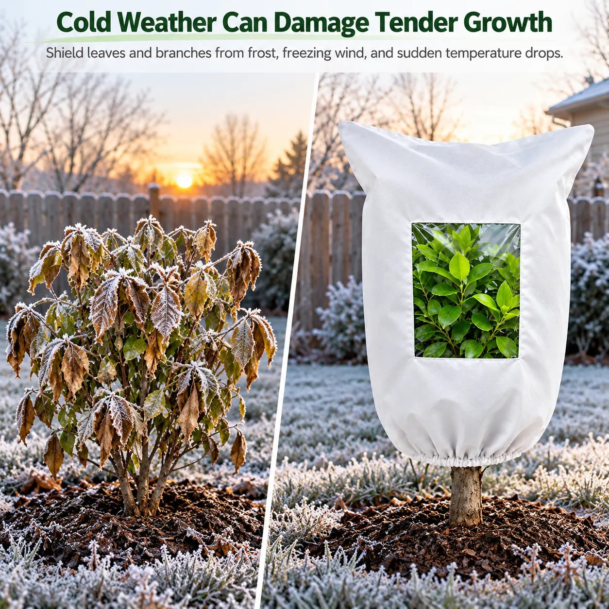 Comparison of frost-damaged plant and a plant protected by the frost cover