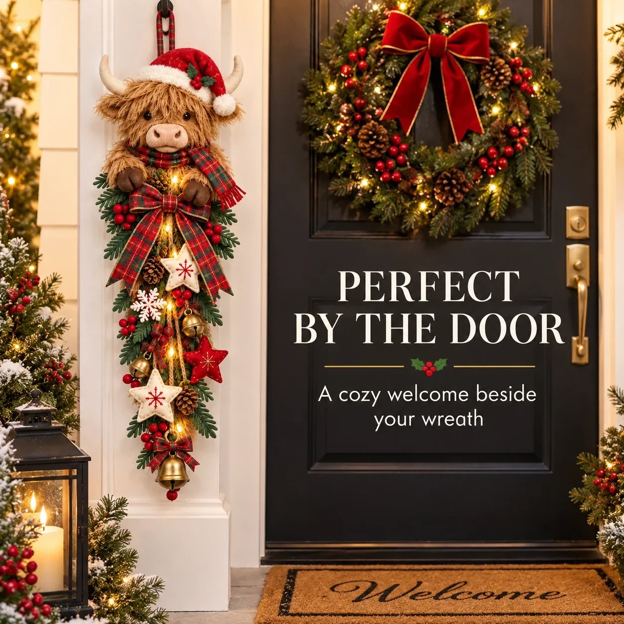 Highland cow Christmas swag displayed beside a wreath