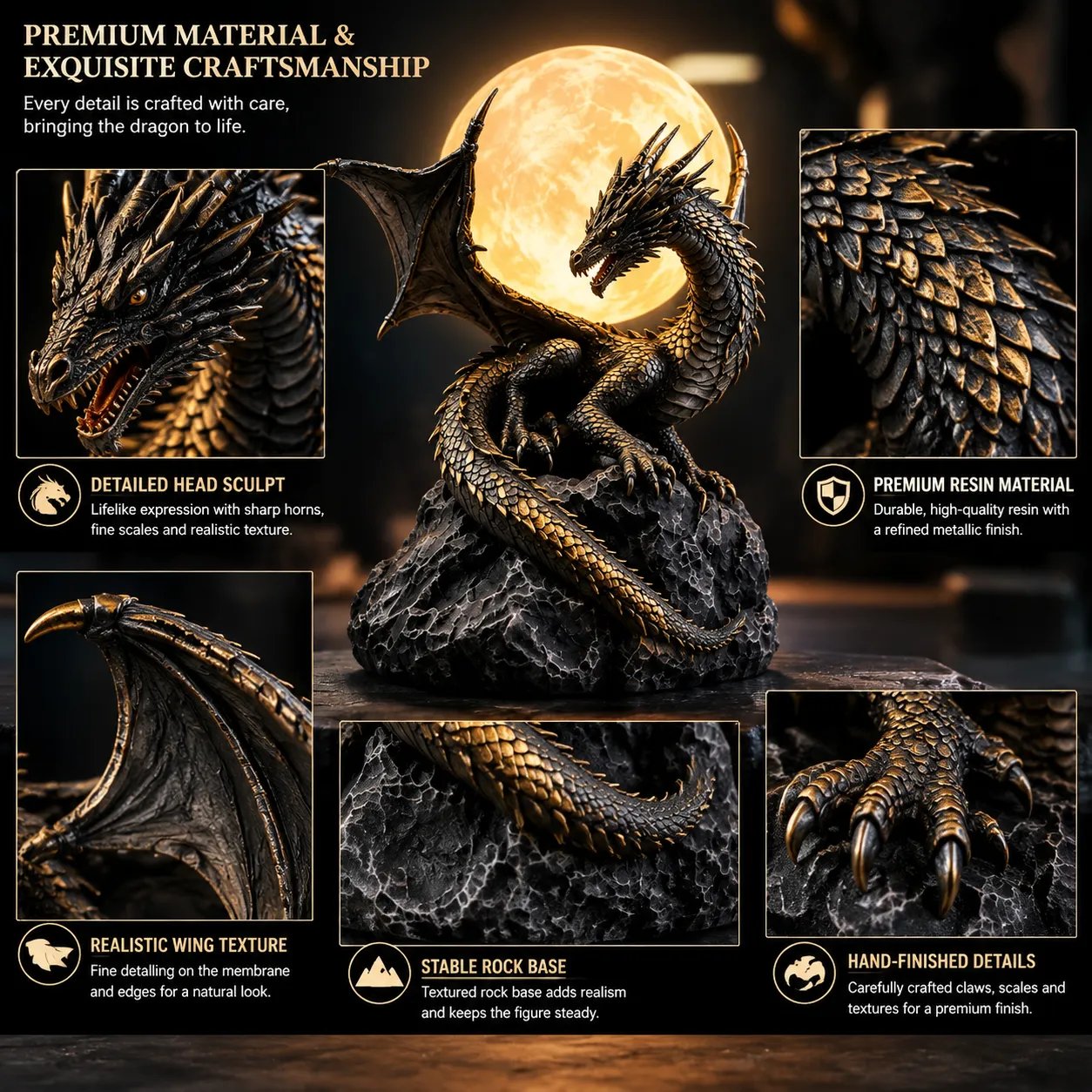 Intricate dragon resin sculpture with glowing moon orb lamp