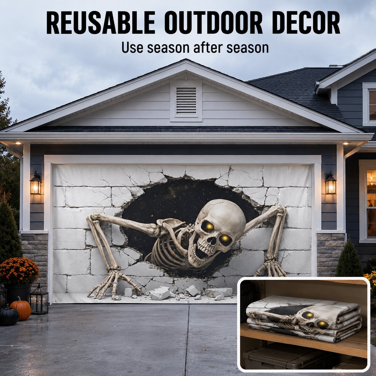 Reusable outdoor Halloween garage door skeleton decoration