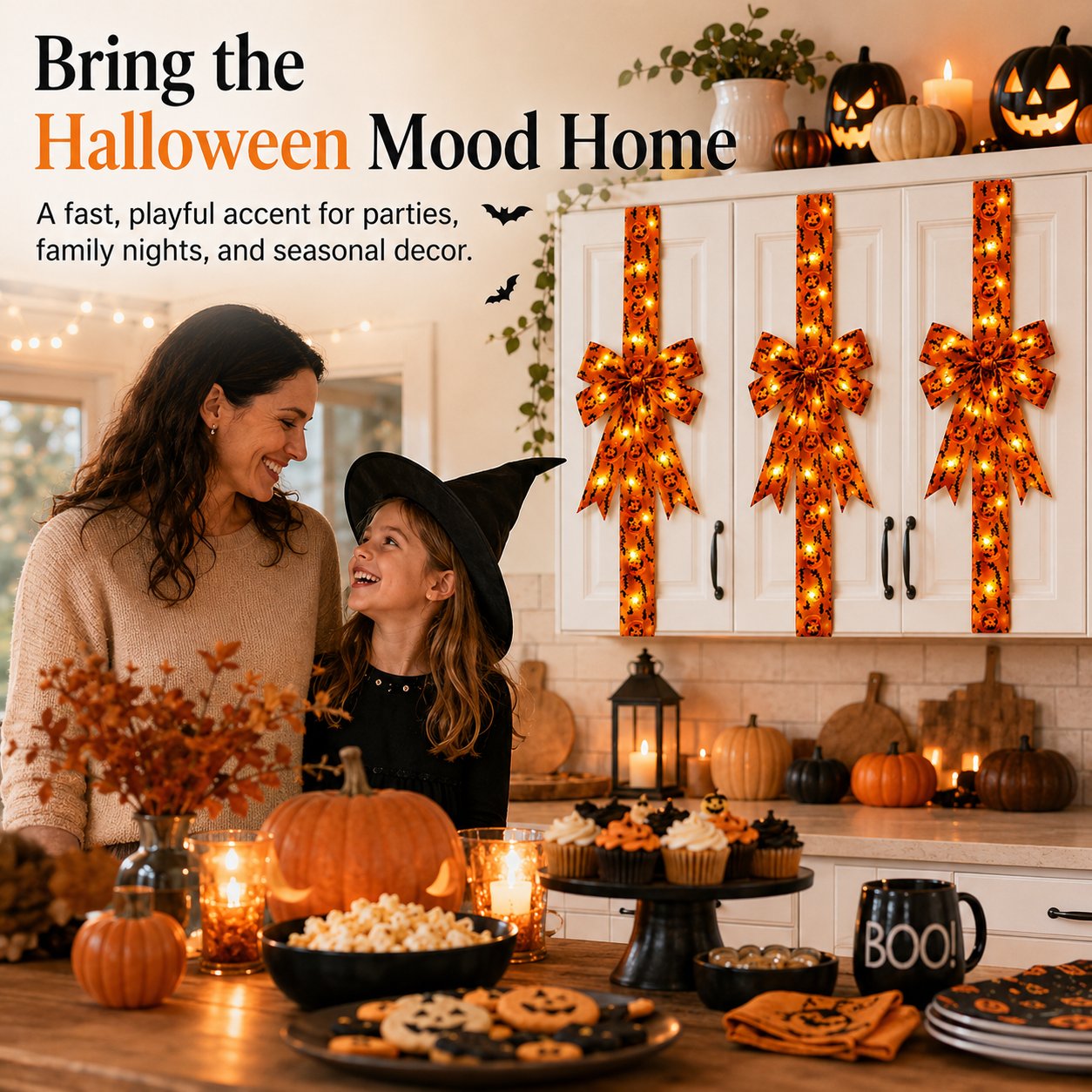 Halloween family kitchen cabinet bow decoration