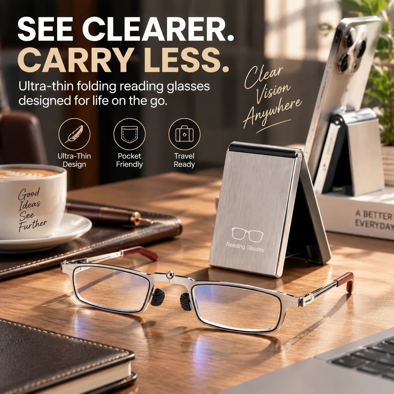 Ultra thin foldable reading glasses with slim case