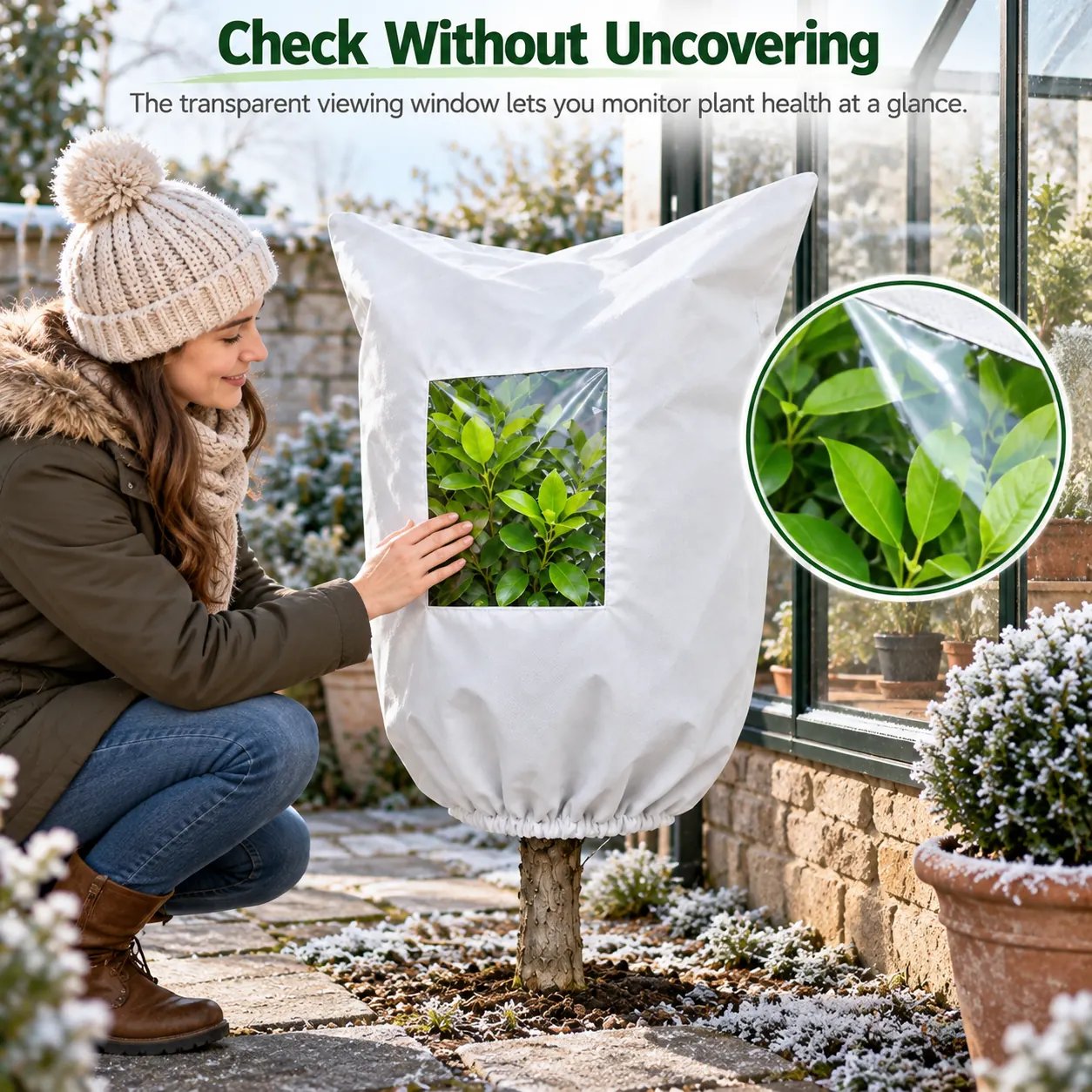 Gardener checking green leaves through the transparent viewing window