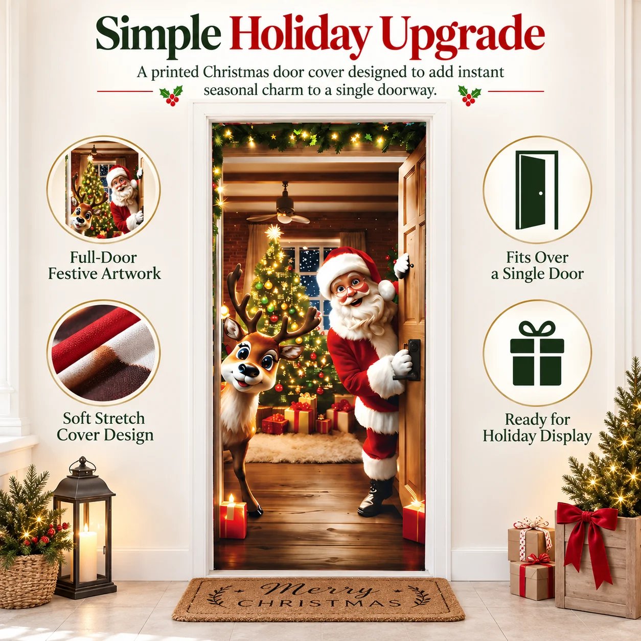 Full view of the Santa and reindeer Christmas door cover installed on a doorway