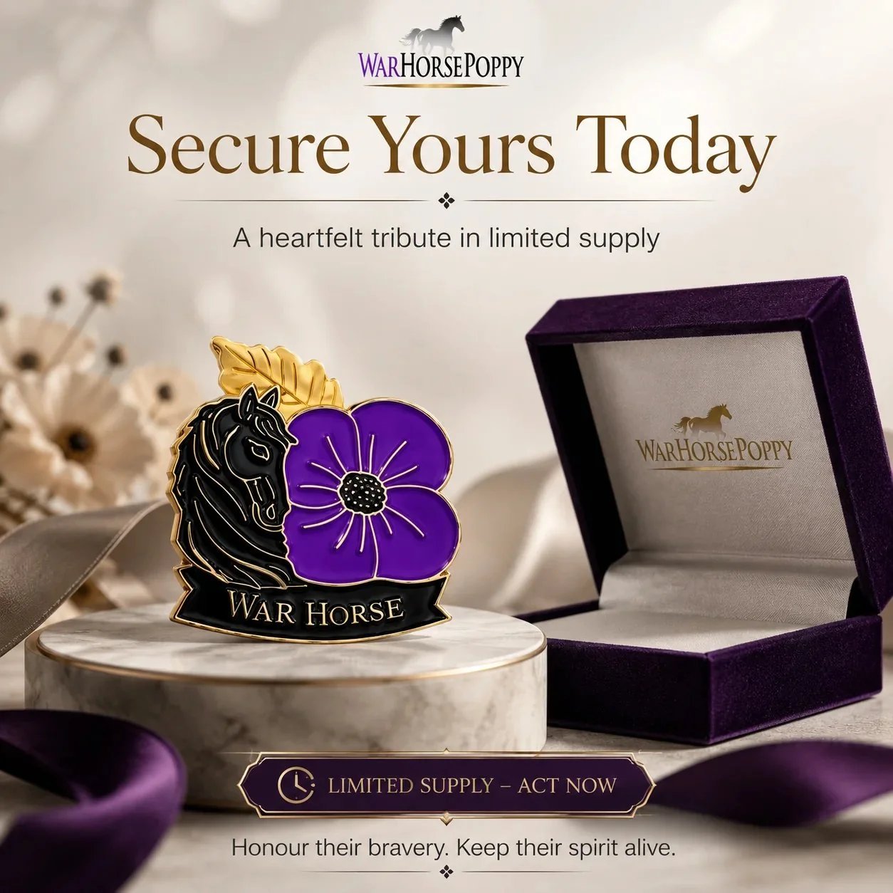War Horse Purple Poppy remembrance badge gift box