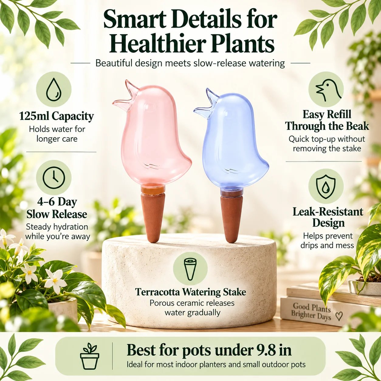 Bird self-watering stake size and plant pot compatibility