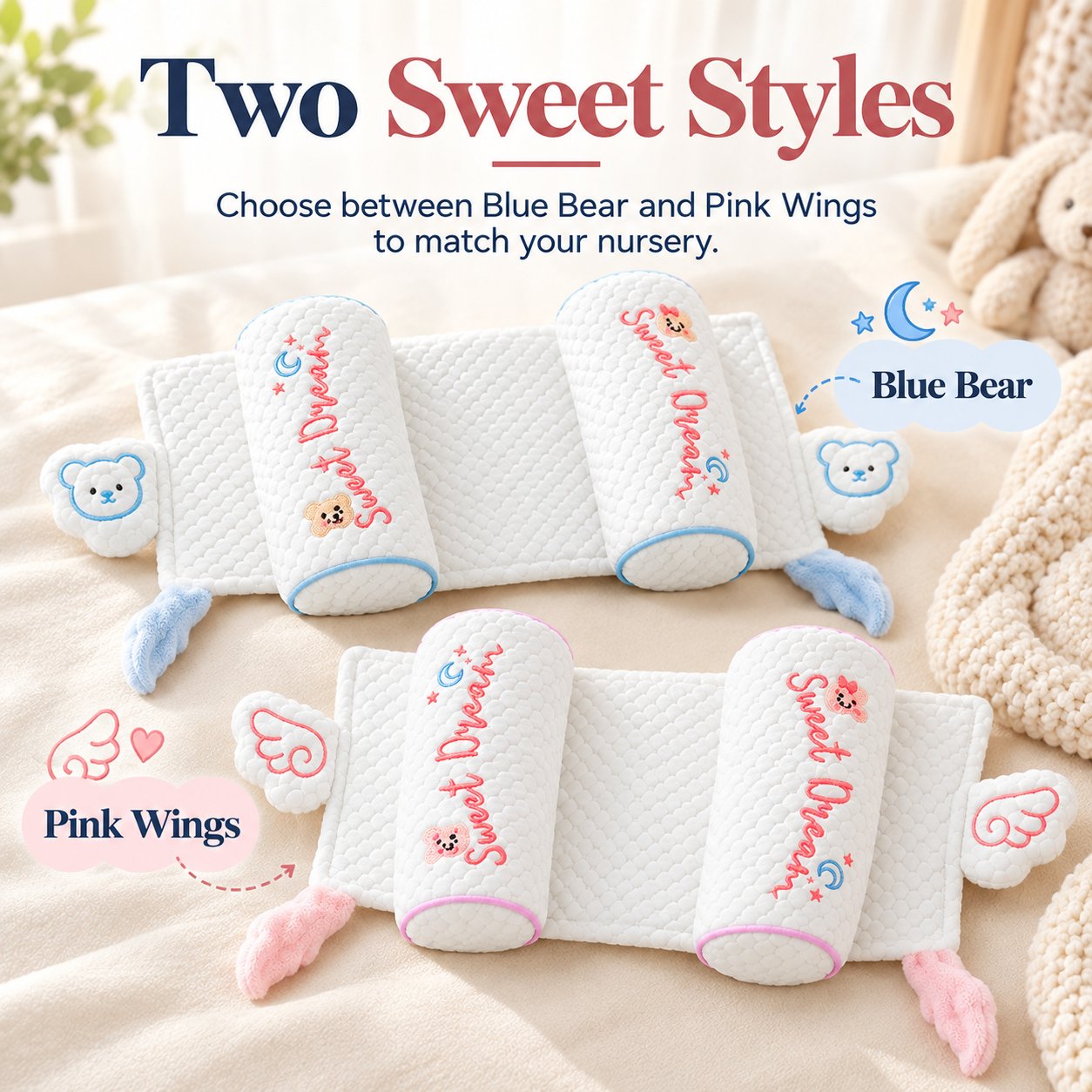 Original product photo showing the Blue Bear and Pink Wings pillow designs without an infant using them
