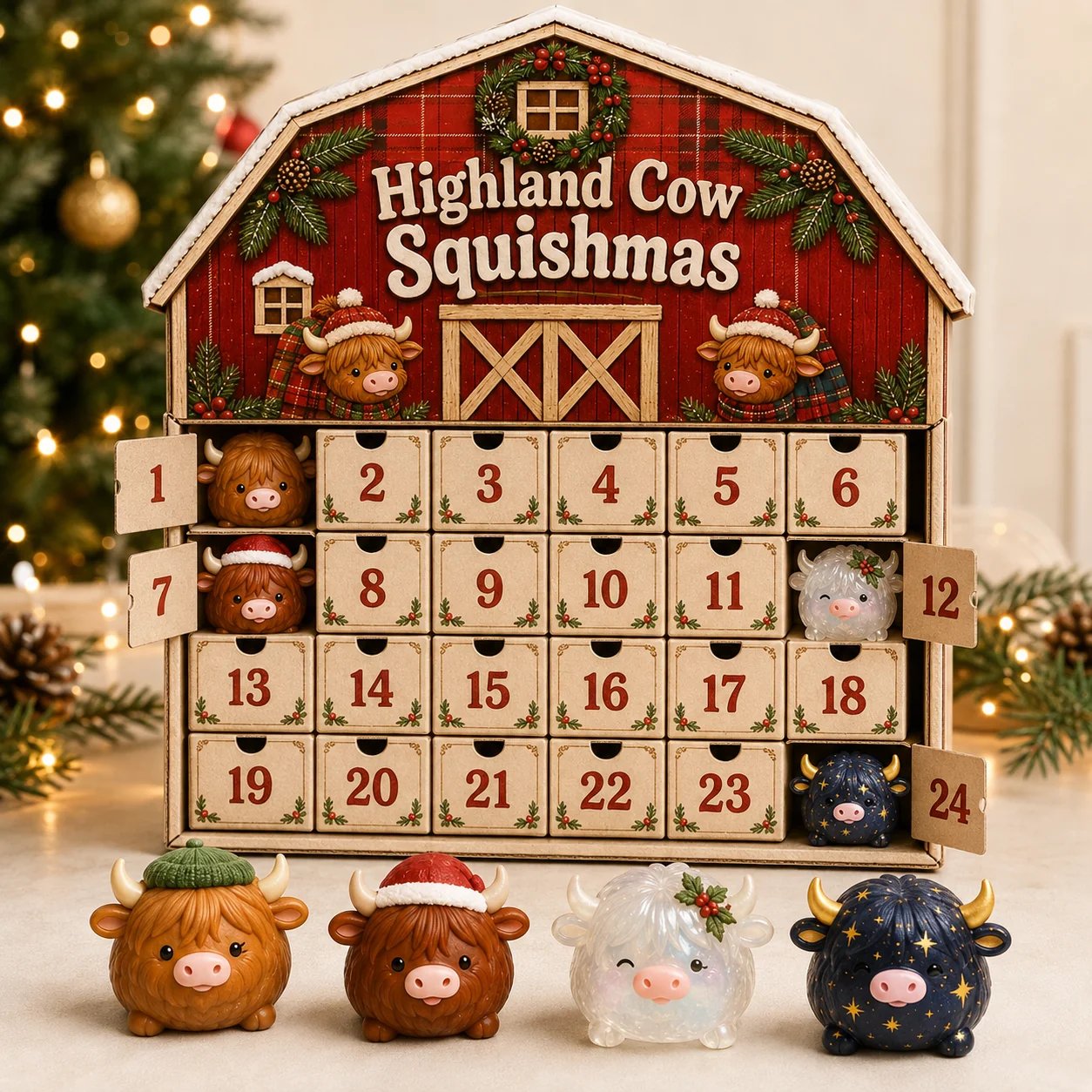 Twenty-four numbered doors inside the Highland Cow Squishmas barn