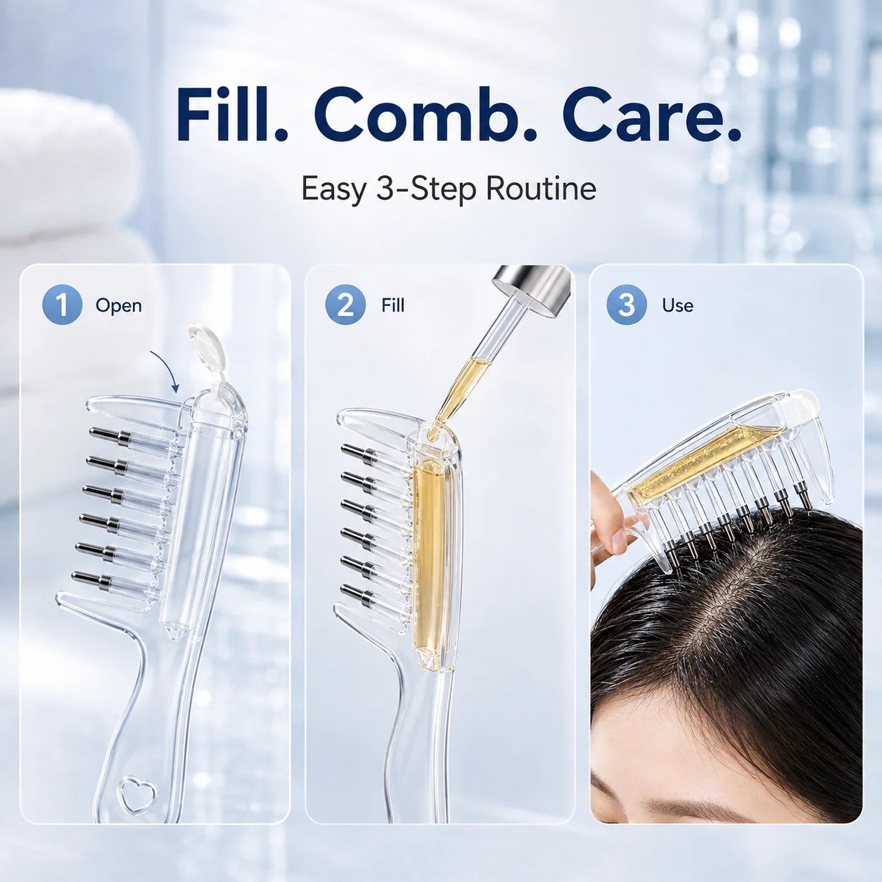 Adding hair oil into the clear comb reservoir using dropper