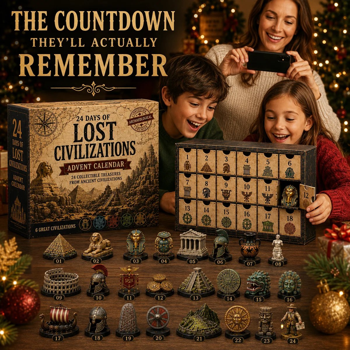 Children enjoying complete Lost Civilizations advent calendar collection