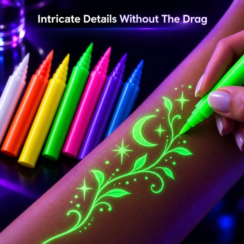 Flexible soft brush tip drawing detailed fluorescent body art