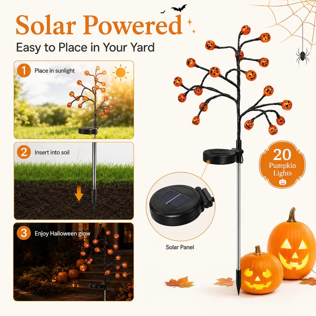 Solar powered pumpkin branch lights