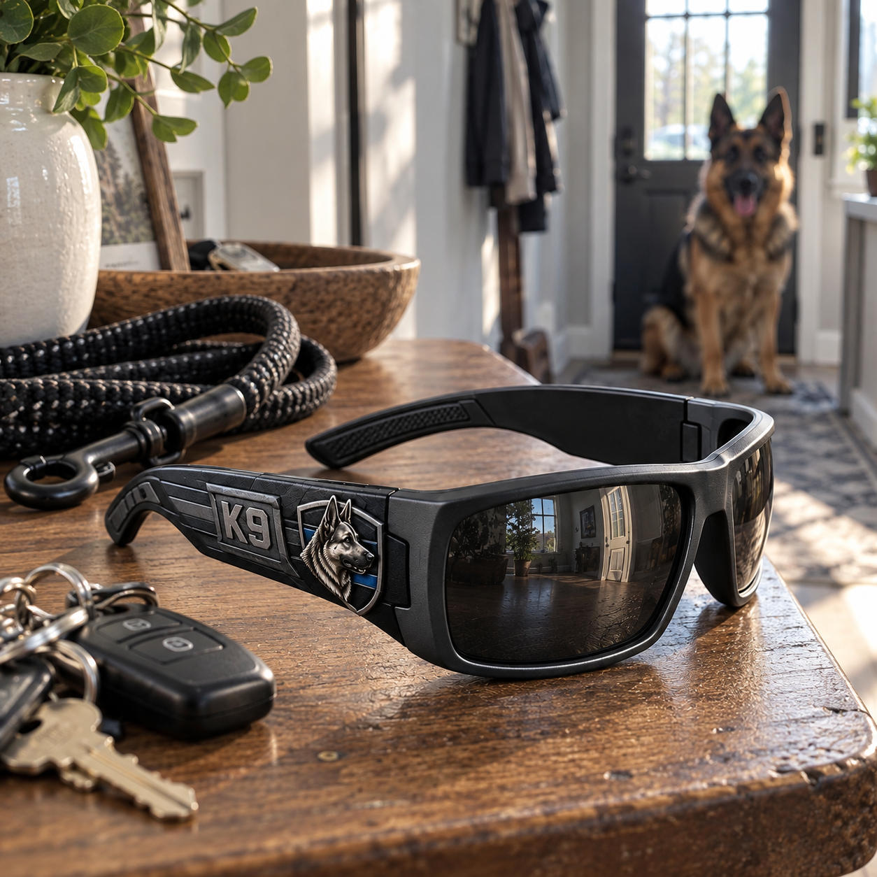 Black Shield K9 sunglasses beside keys and a leash