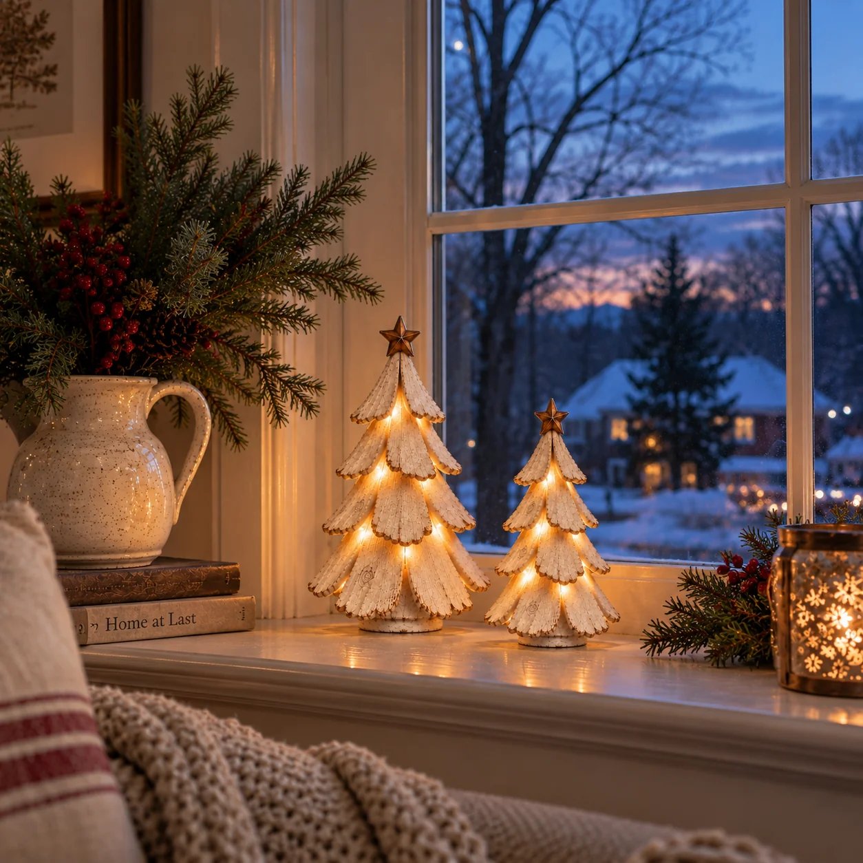 Vintage lighted Christmas tree figurines glowing on a winter windowsill