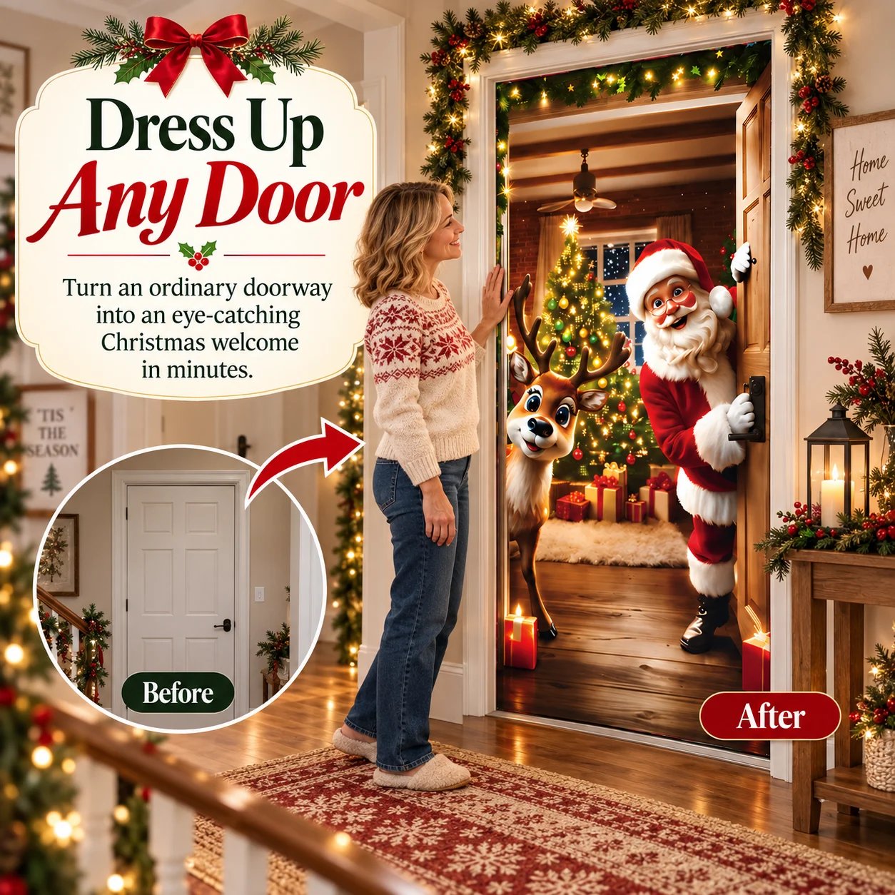 Before and after view of an ordinary doorway decorated with a Santa Christmas door cover