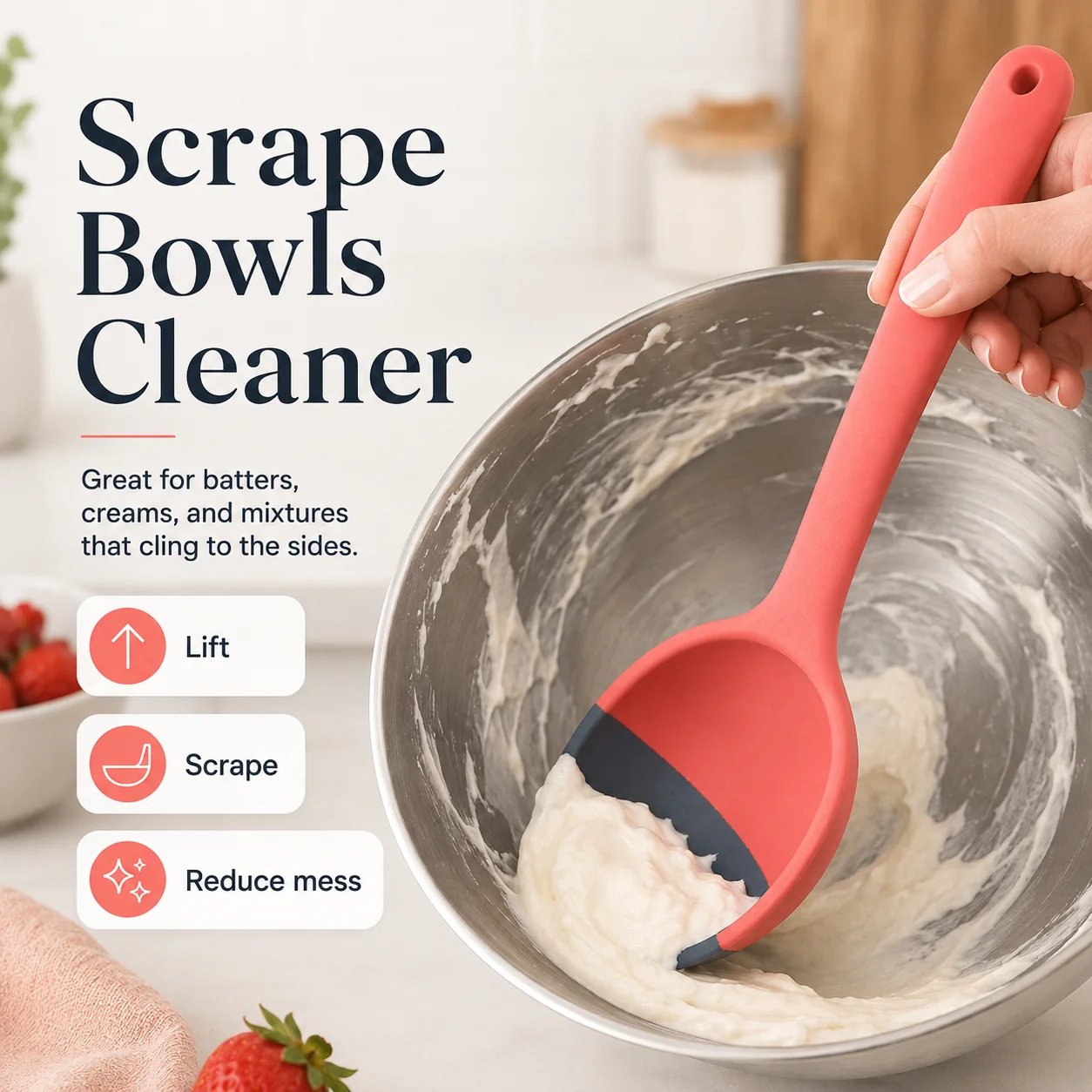 Thick mixture clinging to the sides of a mixing bowl showing the difficulty of scraping food cleanly